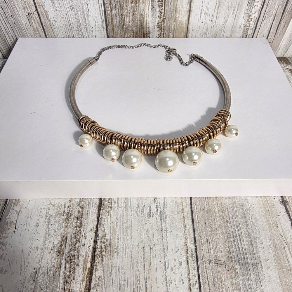 Mixed Metal Gold Silver Tone Faux Pearl Charm Torque Collar Statement Necklace